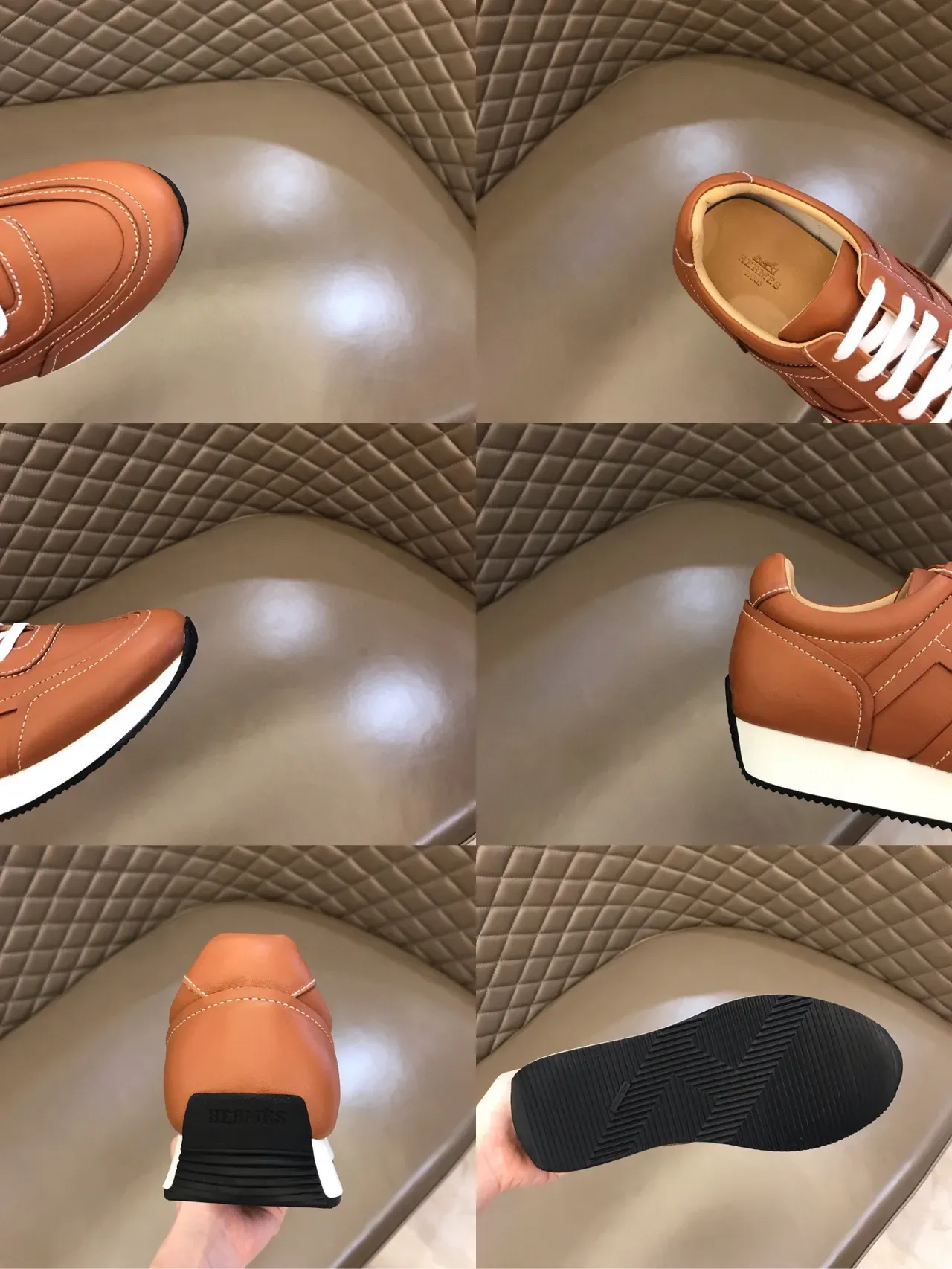 Brown White Leather Upper Contrast Topstitching Sneakers 2