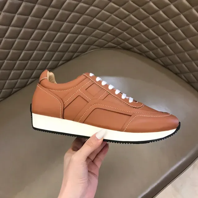 Brown White Leather Upper Contrast Topstitching Sneakers 5
