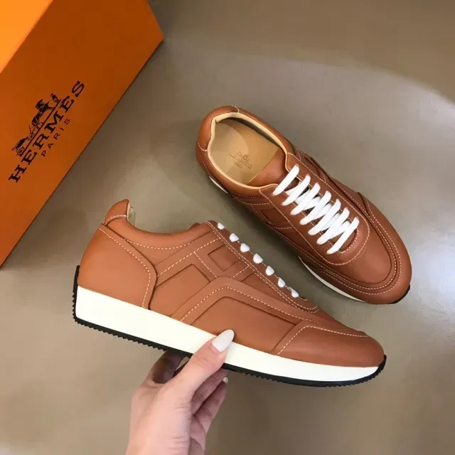 Brown White Leather Upper Contrast Topstitching Sneakers 6