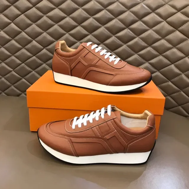 Brown White Leather Upper Contrast Topstitching Sneakers 7