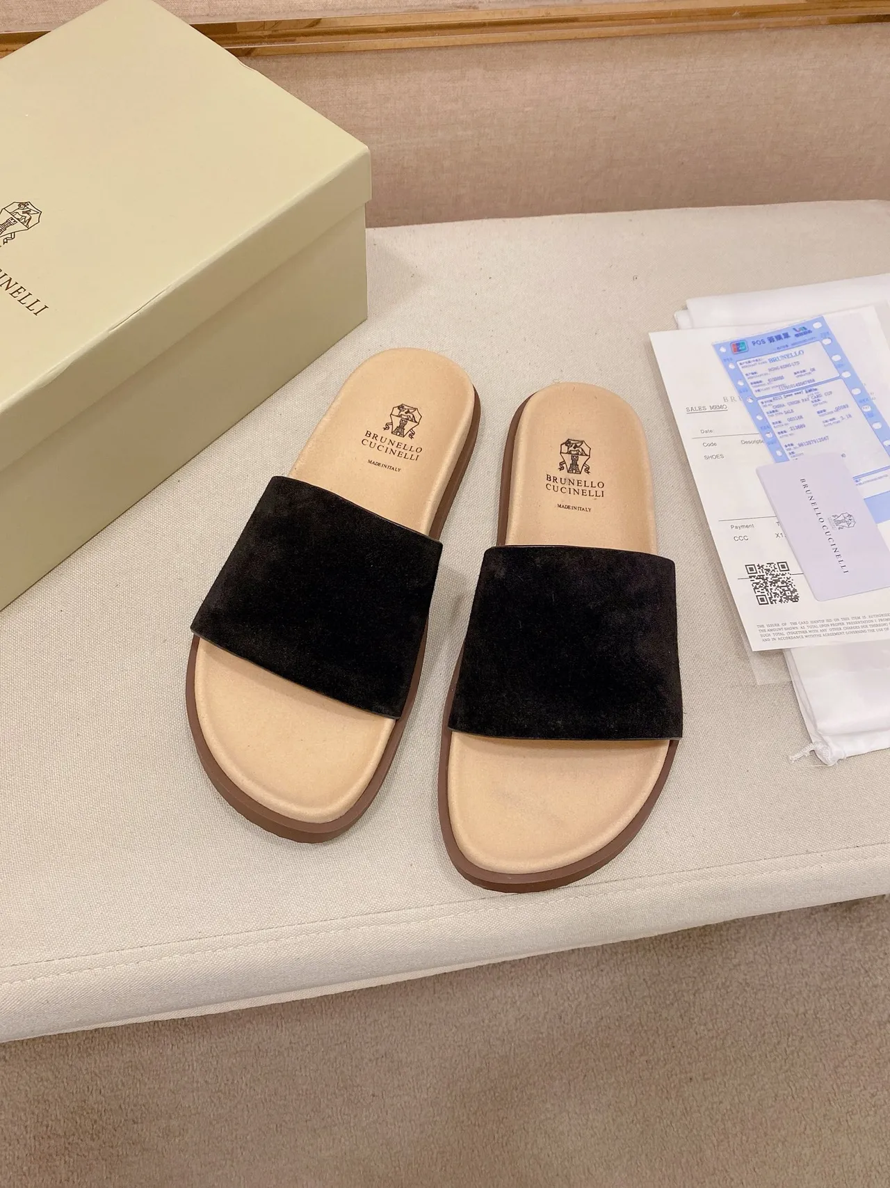 Brunello Cucinelli Black Beige Single-Strap Flat Sole Slippers 3