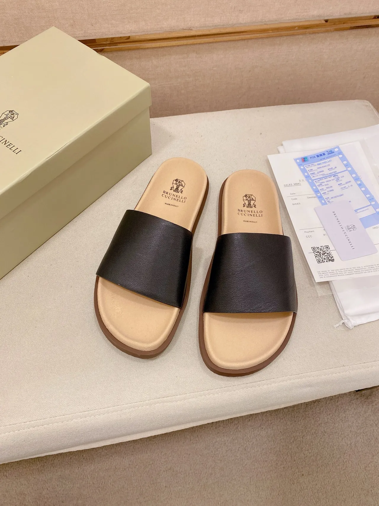 Brunello Cucinelli Black Beige Single-Strap Flat Sole Slippers 5