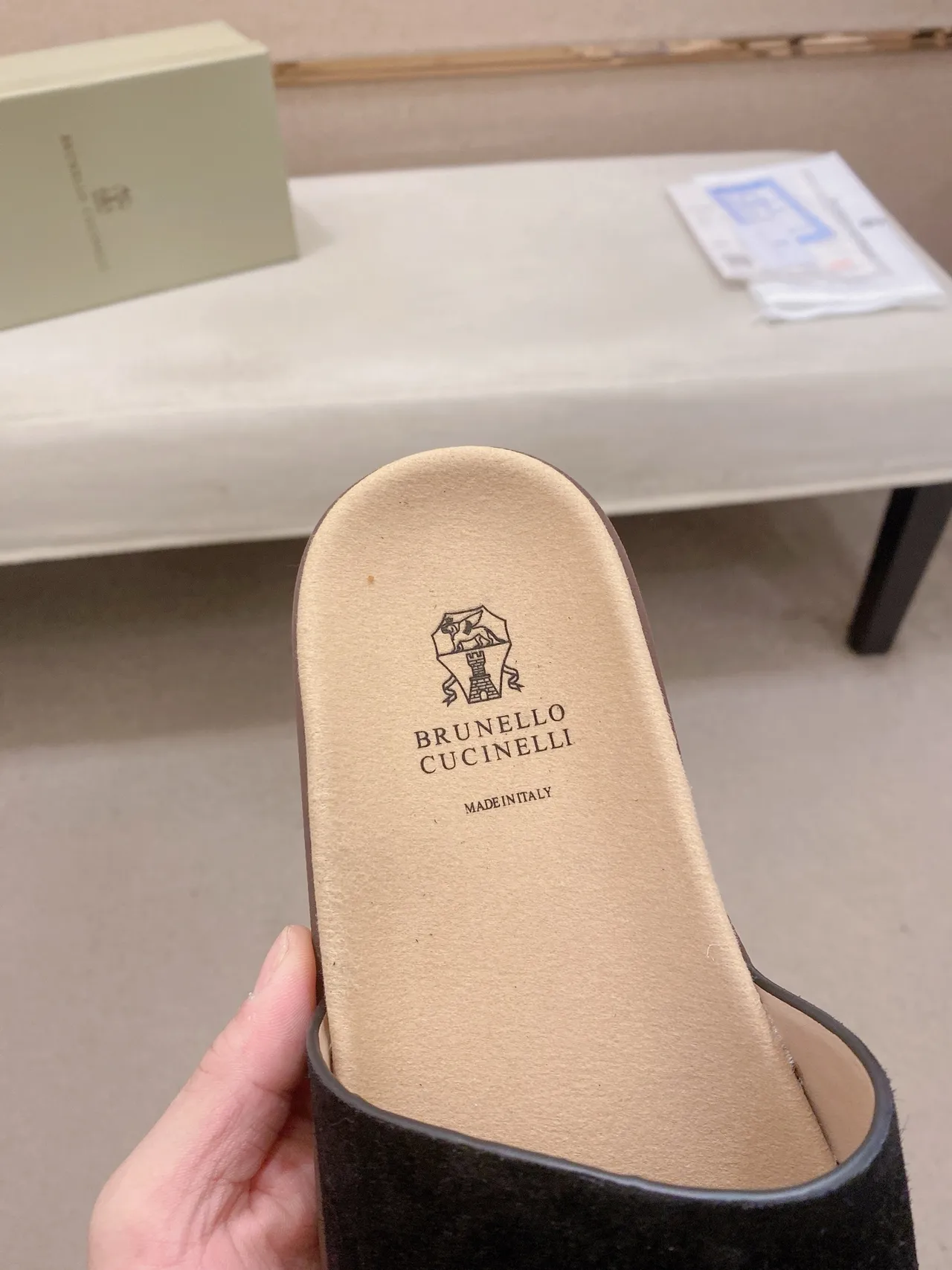 Brunello Cucinelli Black Beige Single-Strap Flat Sole Slippers 6