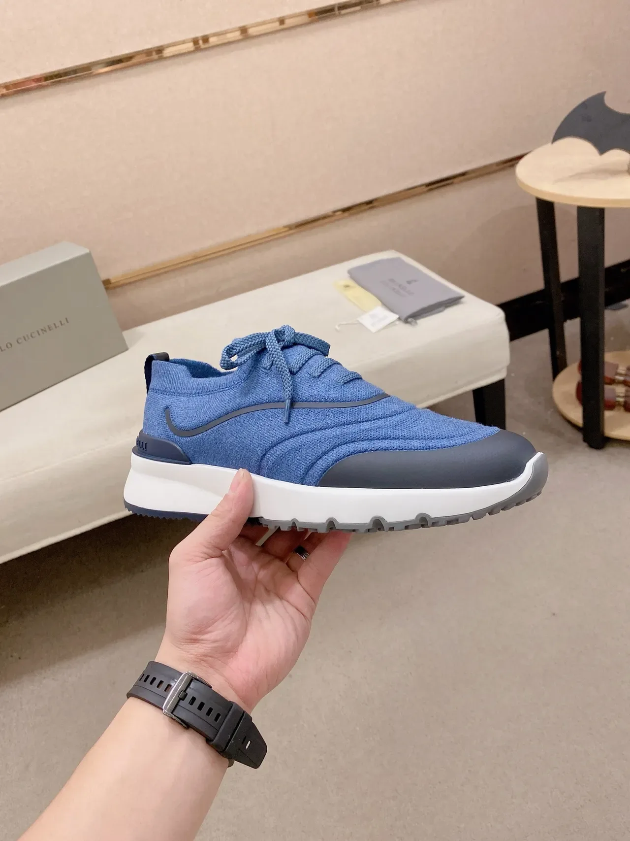 Brunello Cucinelli Blue Knit Sock-Fit Lifestyle Sneaker 4