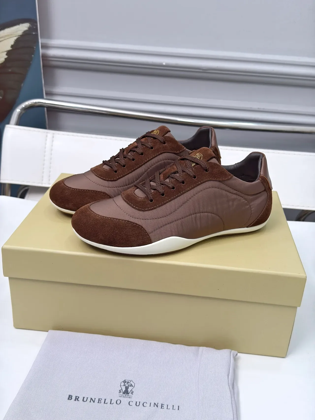 Brunello Cucinelli Brown Suede and Textile Low-Top Lifestyle Sneakers 3