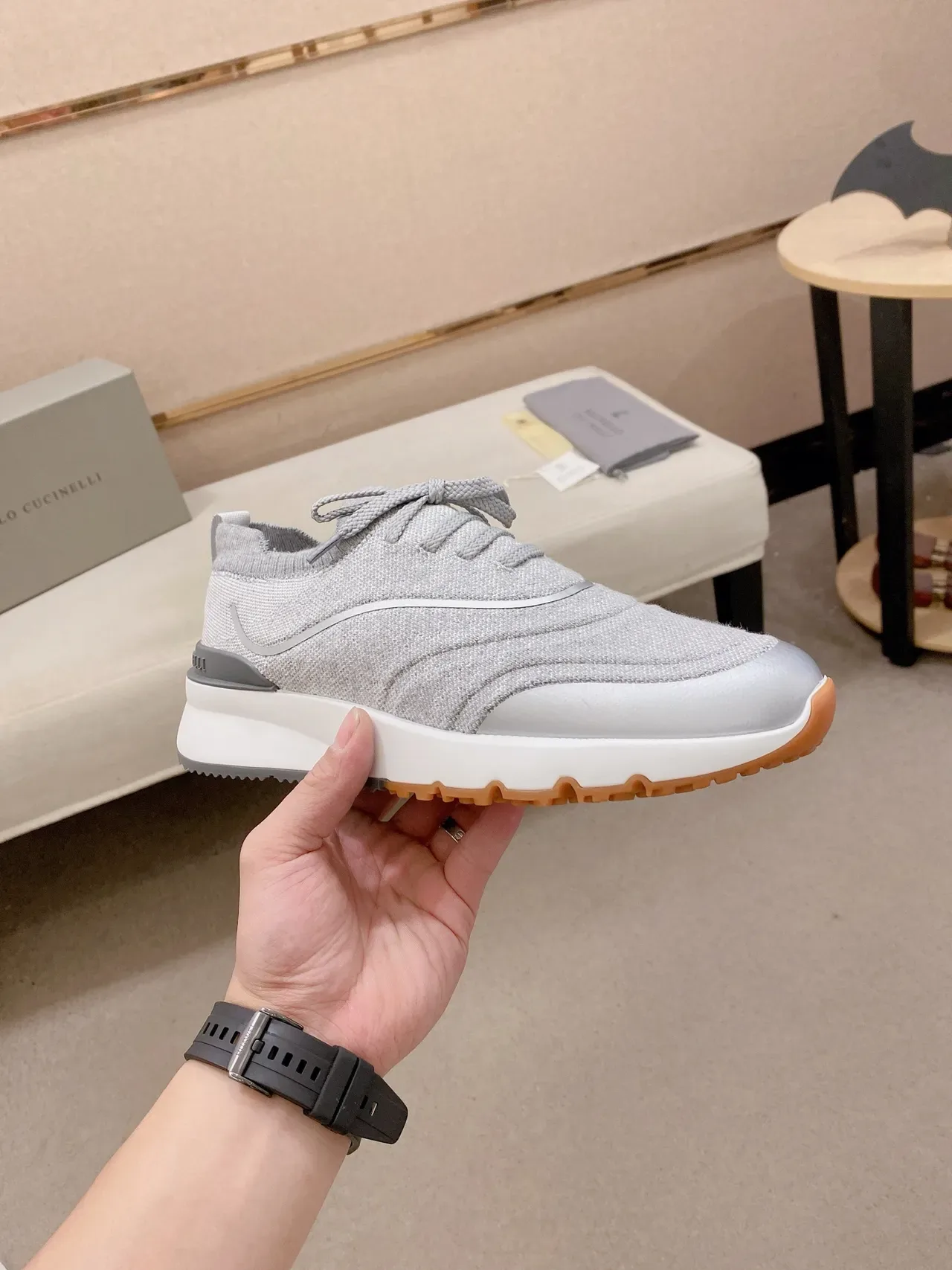 Brunello Cucinelli Gray Knit Lace-Up Sneaker 4