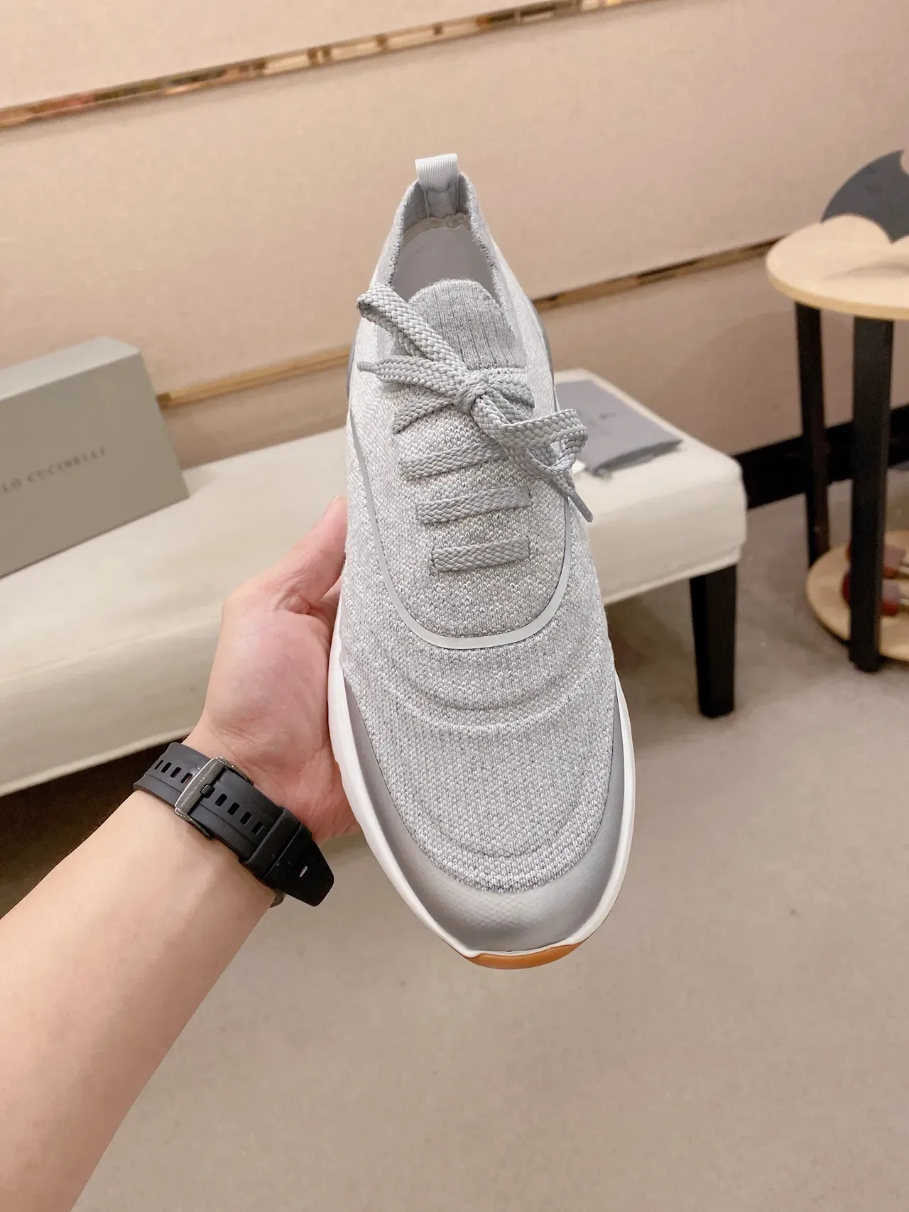 Brunello Cucinelli Gray Knit Lace-Up Sneaker 5