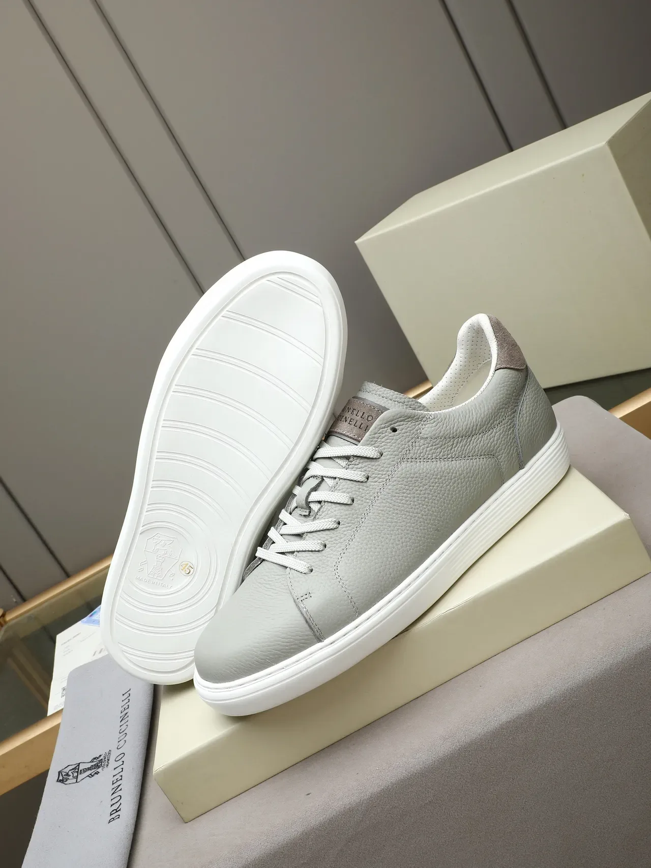 Brunello Cucinelli Light Gray Pebbled Leather Sneaker 4