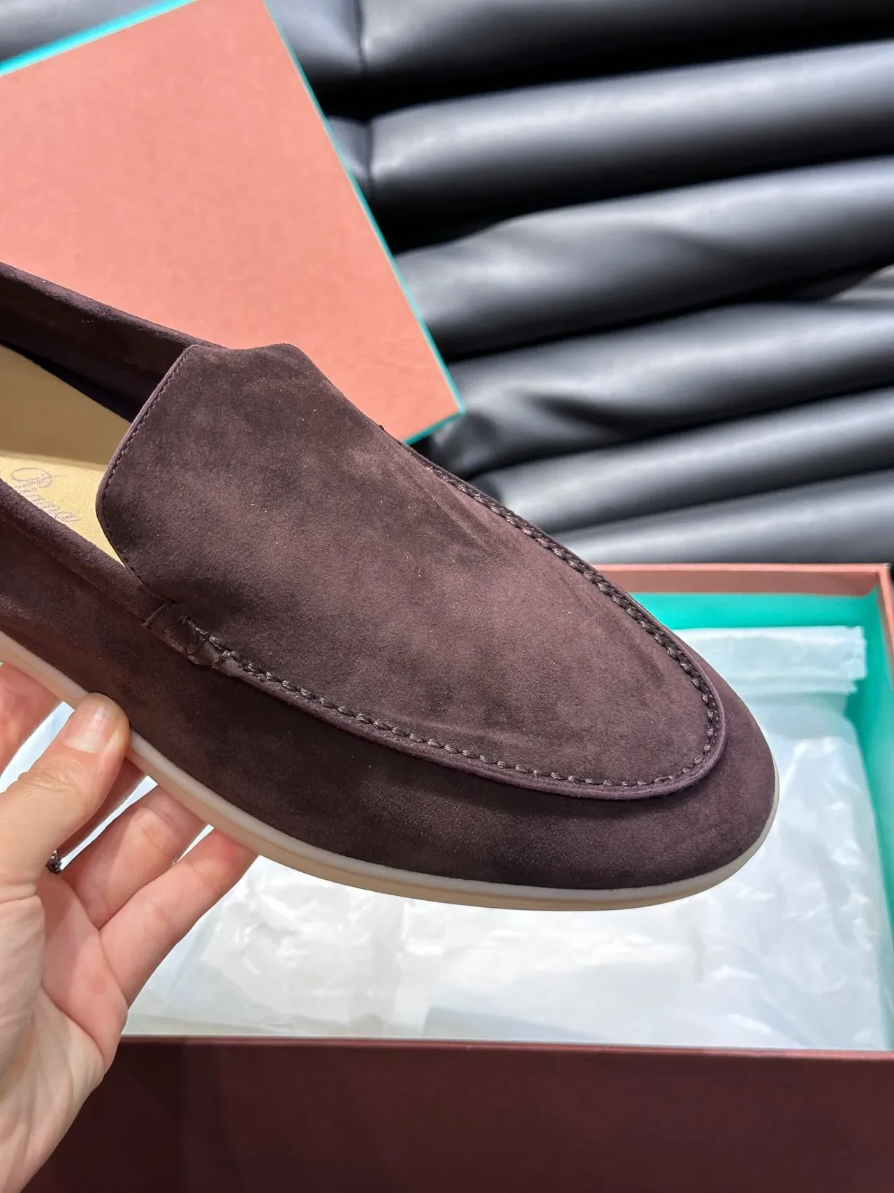Burgundy Beige Suede Upper Moccasin-Stitched Vamp Loafer 8