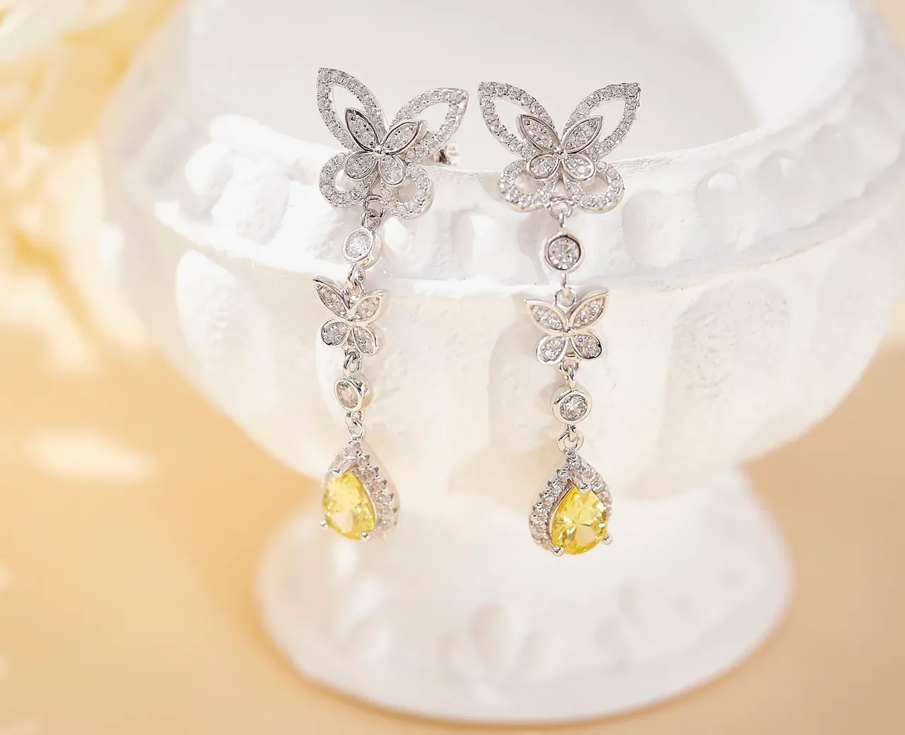 Butterfly Motif Pavé Teardrop Dangling Earrings 7