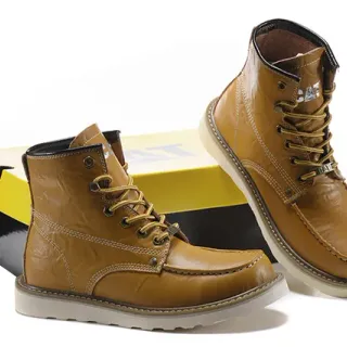 CAT Brown Beige Moc-Toe Double-Stitched Leather Work Boots