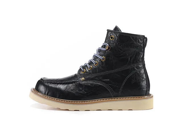 CAT Brown Beige Moc-Toe Double-Stitched Leather Work Boots 7