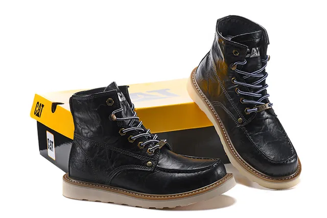 CAT Brown Beige Moc-Toe Double-Stitched Leather Work Boots 8