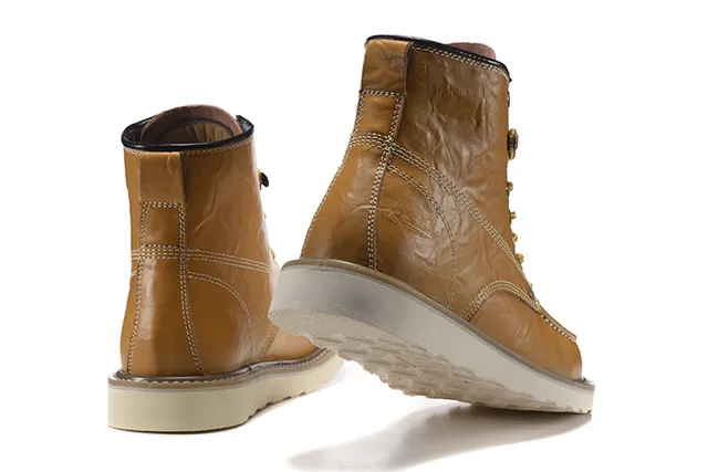CAT Brown Beige Moc-Toe Double-Stitched Leather Work Boots 9