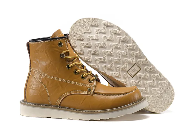 CAT Brown Beige Moc-Toe Double-Stitched Leather Work Boots 11