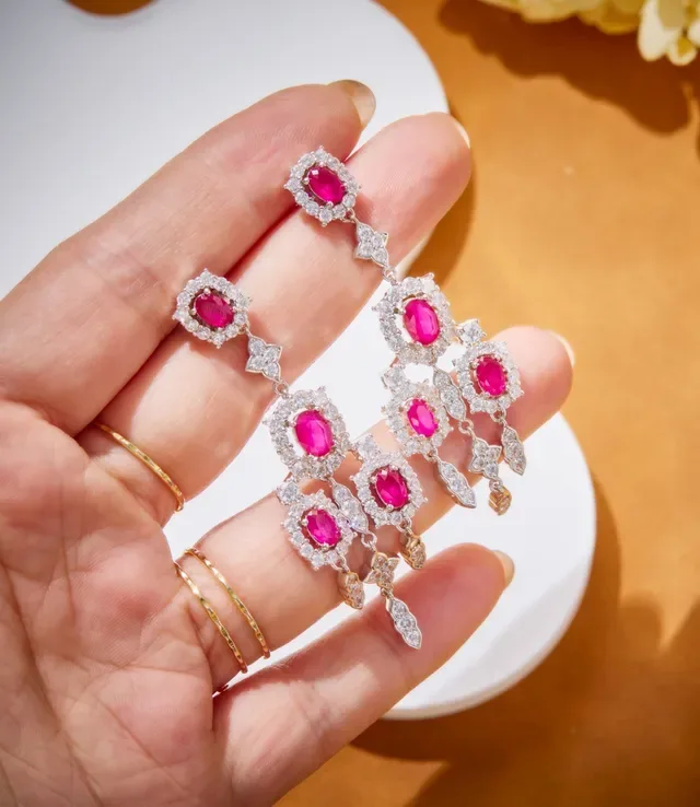 Chandelier Multi-Tier Pavé-Set Oval Ruby Earrings 2