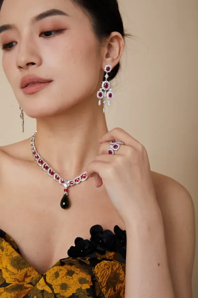 Chandelier Multi-Tier Pavé-Set Oval Ruby Earrings 5