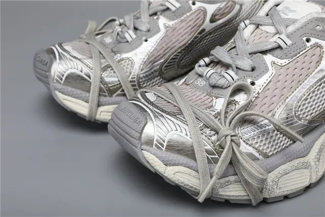 Chunky Layered Metallic Silver Gray Beige Mesh Sneakers 4