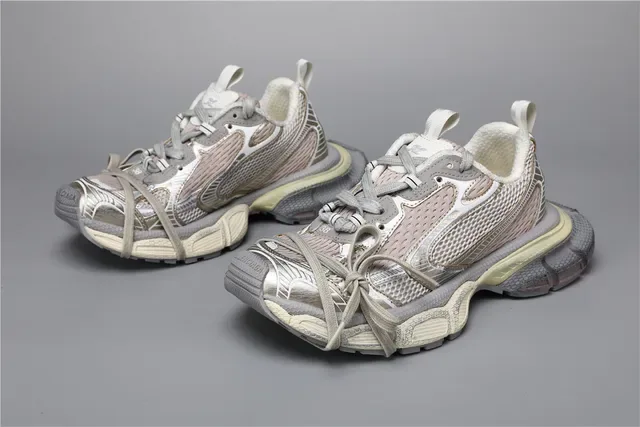 Chunky Layered Metallic Silver Gray Beige Mesh Sneakers 5