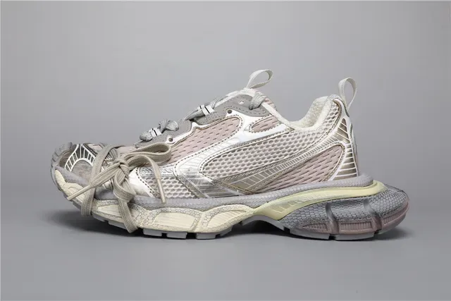 Chunky Layered Metallic Silver Gray Beige Mesh Sneakers 9