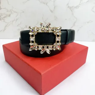 Crystal-Embellished Rectangular Buckle Black Leather Belt