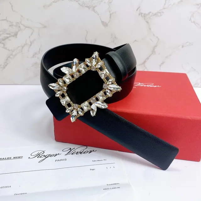 Crystal-Embellished Rectangular Buckle Black Leather Belt 2