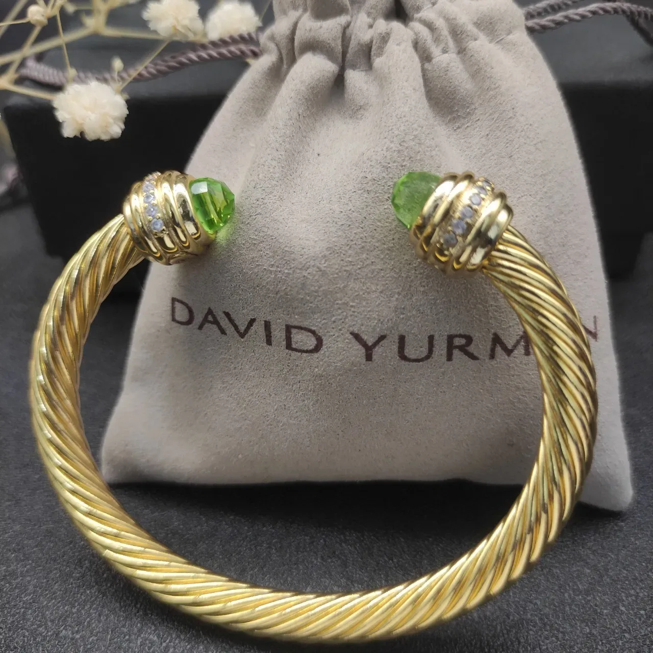 David Yurman Cable Classic Twisted Gold-Tone Green Gemstone Bracelet 2