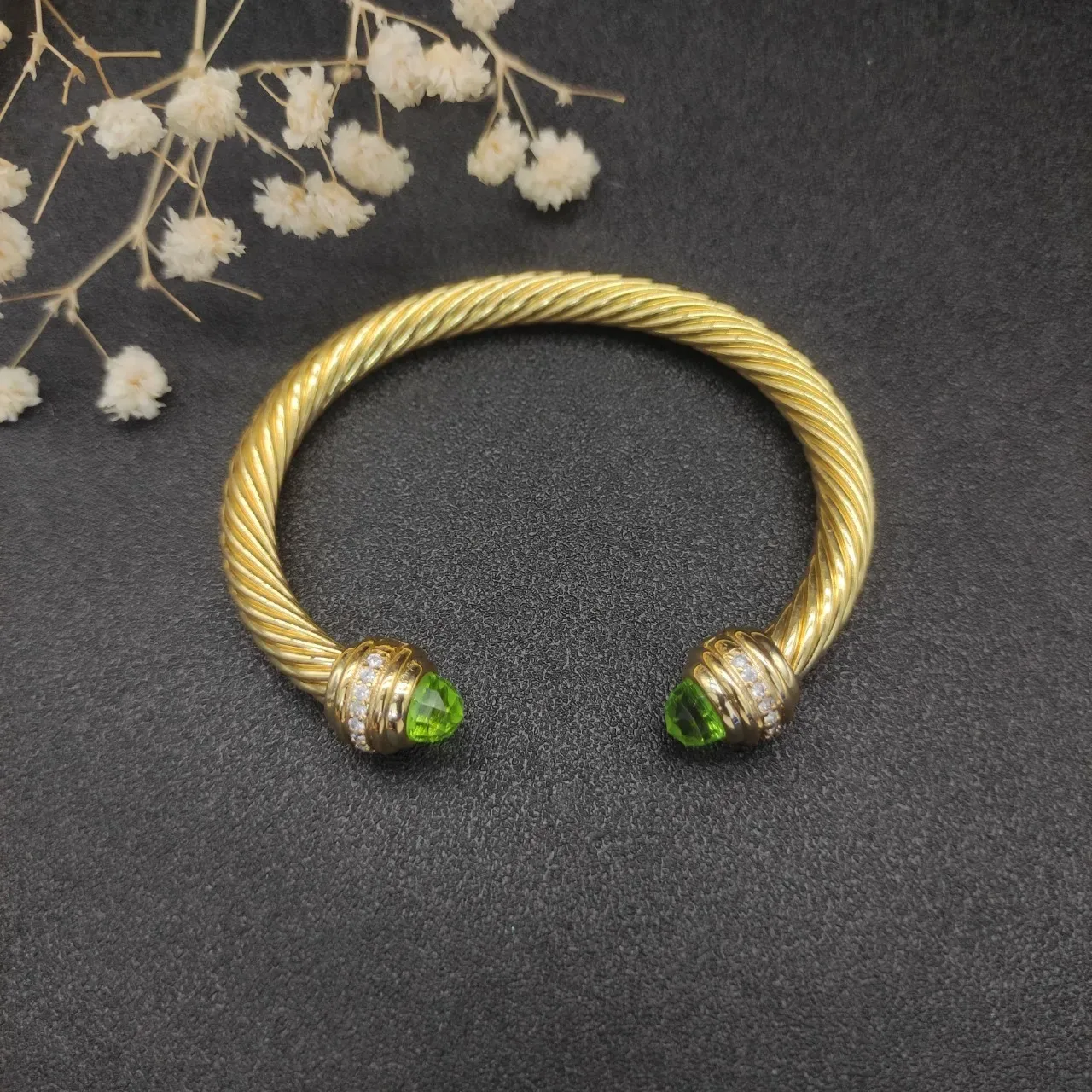 David Yurman Cable Classic Twisted Gold-Tone Green Gemstone Bracelet 4