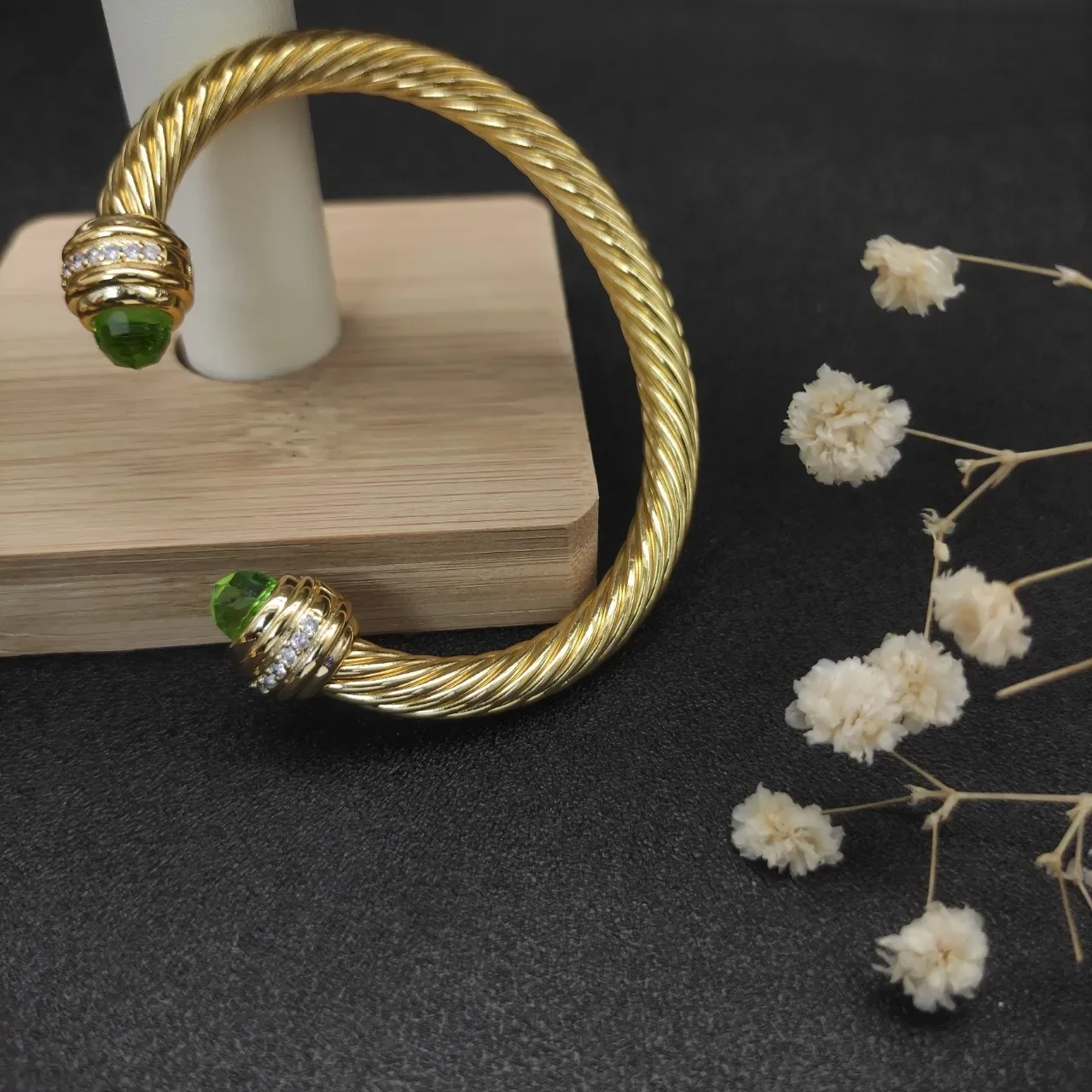 David Yurman Cable Classic Twisted Gold-Tone Green Gemstone Bracelet 6