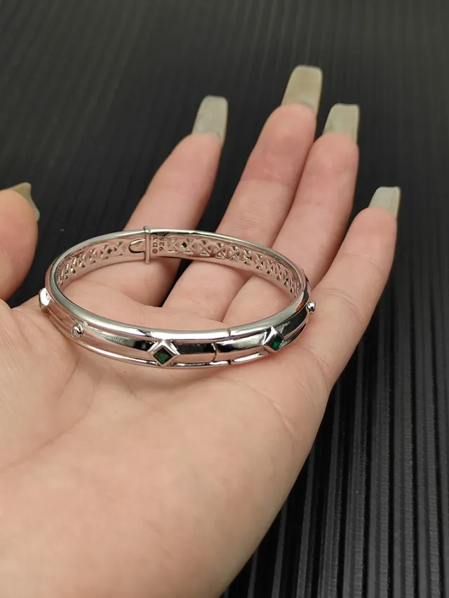 David Yurman Cable Classics Silver Green Polished Metal Openwork Lattice Upper Band Bracelet 7