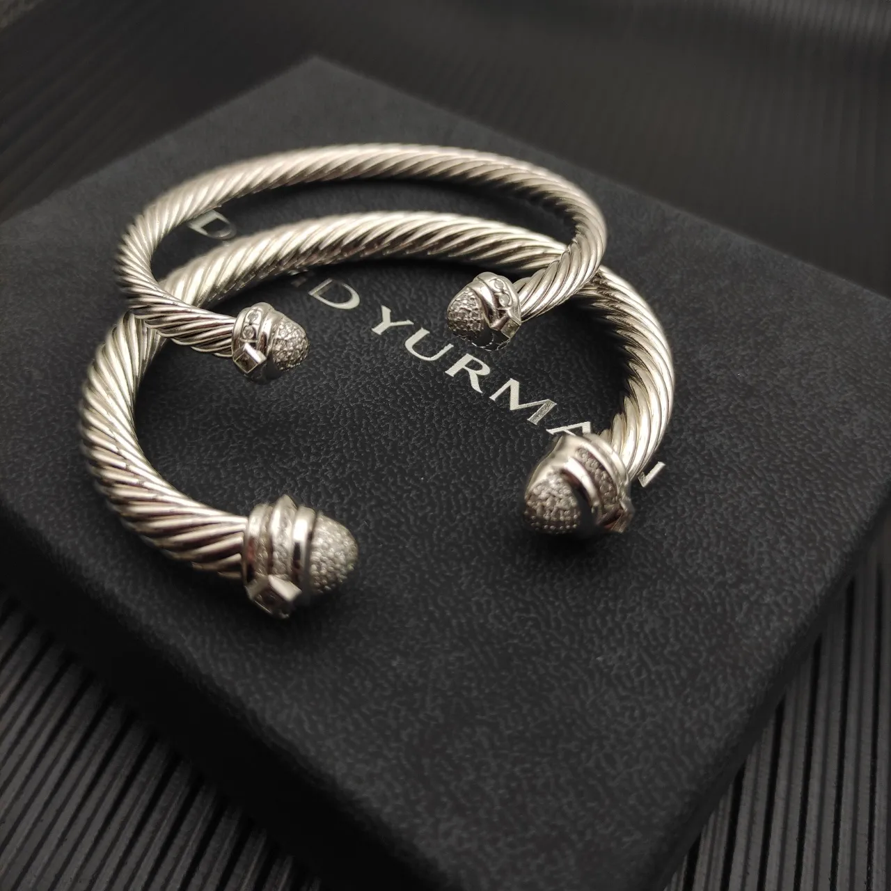 David Yurman Cable Classics Silver White Twisted Pavé Diamond Terminals Bracelet 6