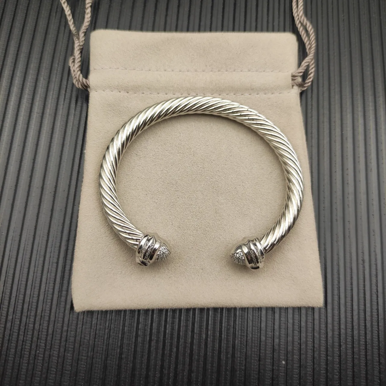 David Yurman Cable Classics Silver White Twisted Pavé Diamond Terminals Bracelet 10