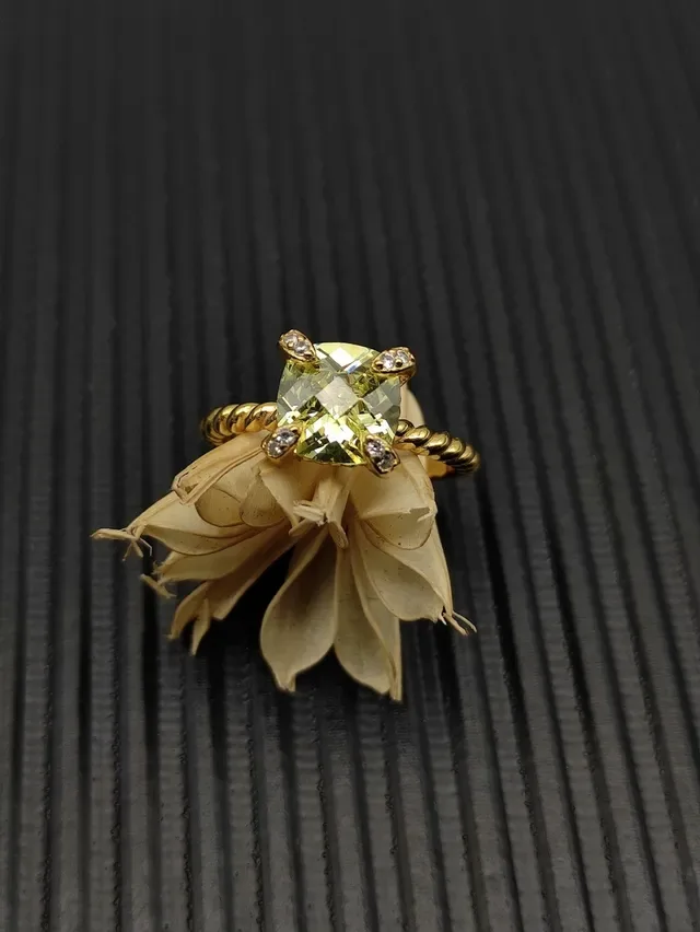 David Yurman Cable Collection Gold Yellow Twisted Rope Band Cushion-Cut Central Stone Ring 6