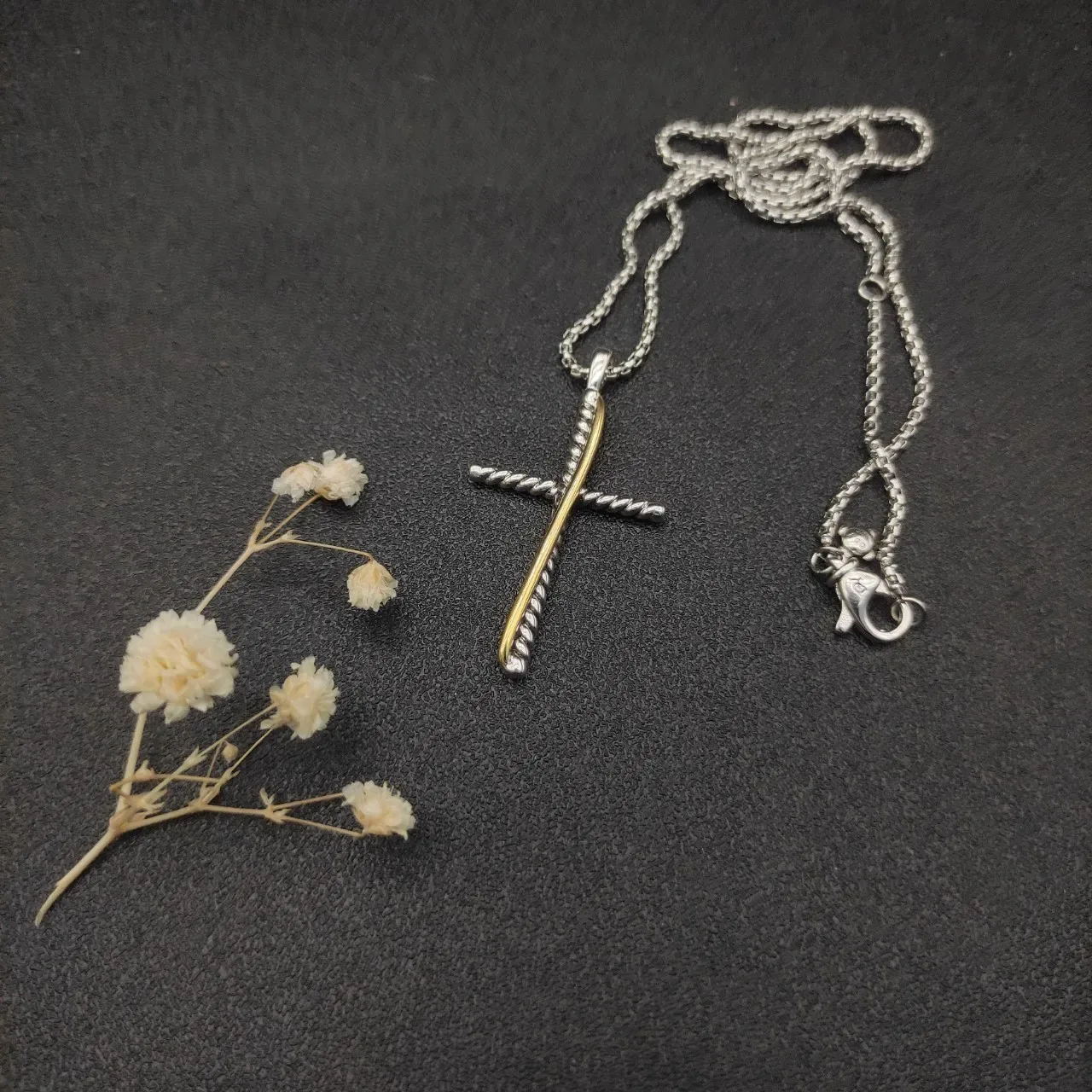 David Yurman Cable Cross Two-Tone Silver and Gold Necklace 5