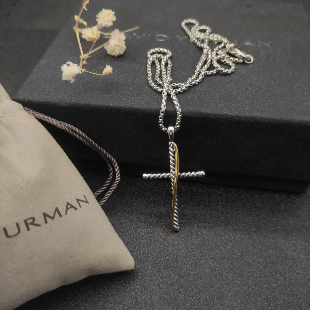 David Yurman Cable Cross Two-Tone Silver and Gold Necklace 9