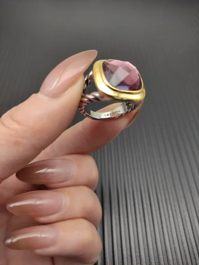 David Yurman Cushion-Cut Pink Gemstone Gold Bezel Twisted Cable Ring 6