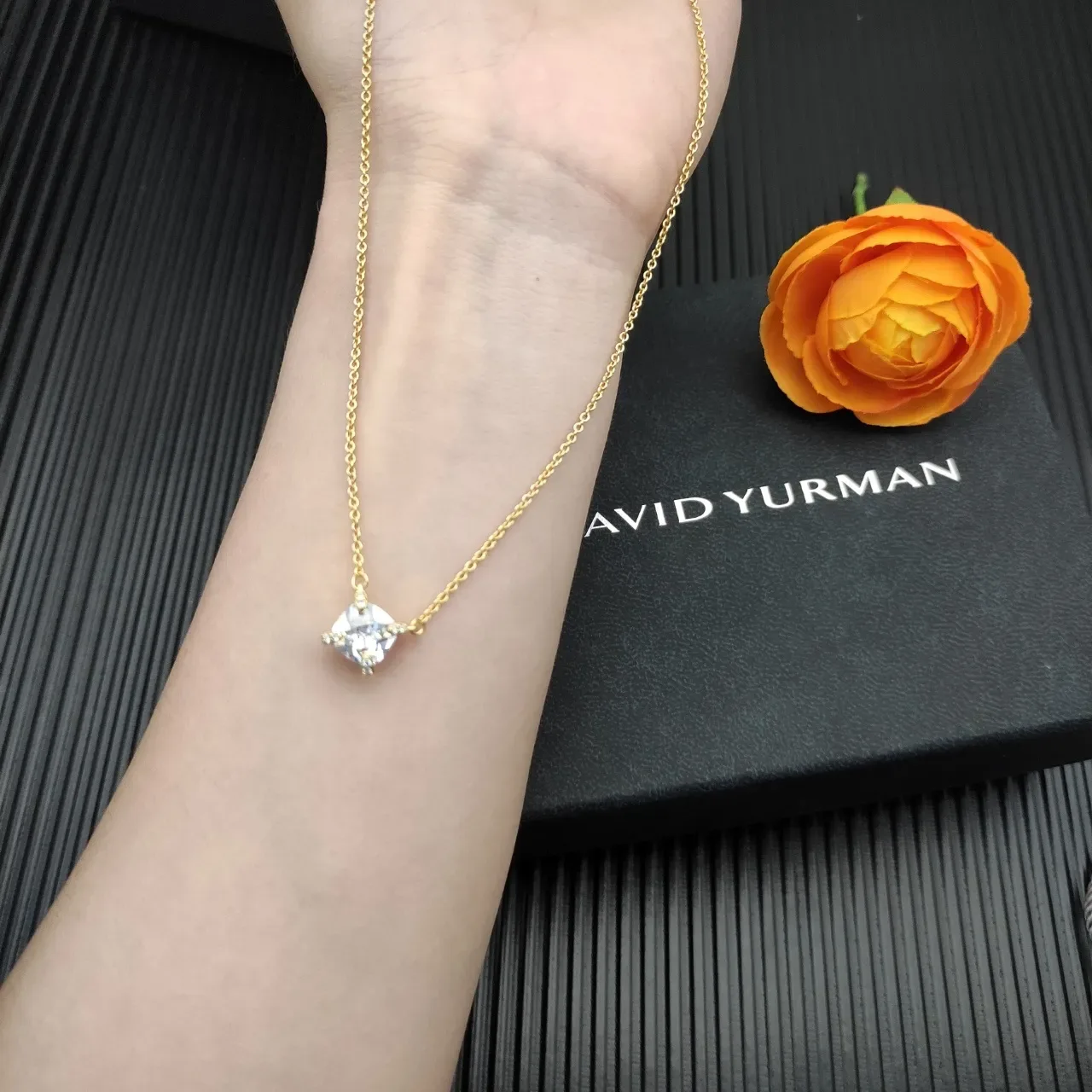 David Yurman Gold Beige Chain Cushion-Cut Central Stone Necklace 4