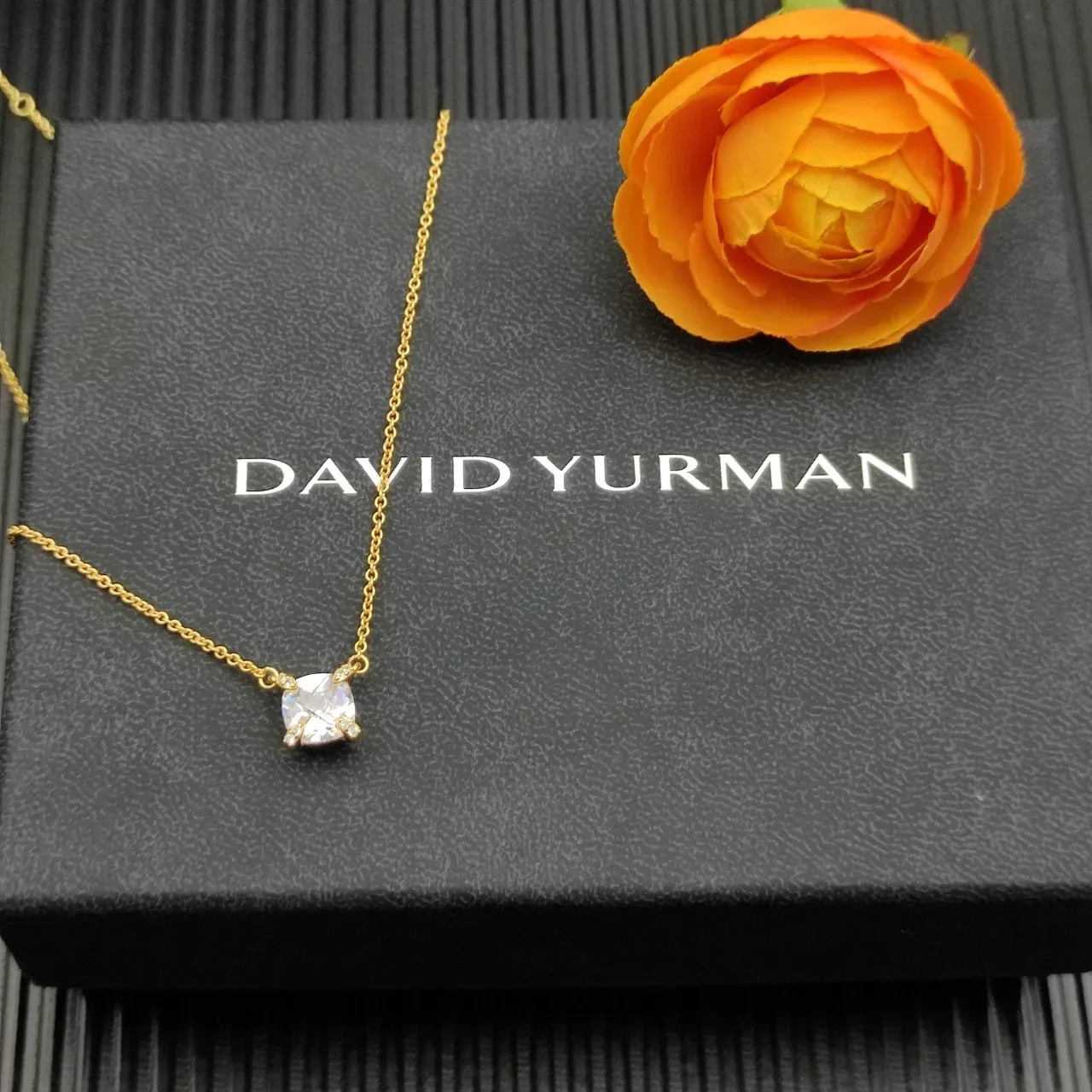 David Yurman Gold Beige Chain Cushion-Cut Central Stone Necklace 5