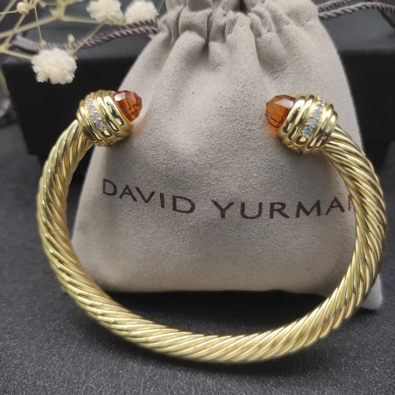 David Yurman Gold Brown Twisted Cable Gemstone-Terminal Bracelet 2