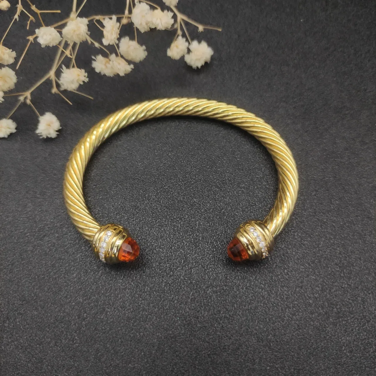 David Yurman Gold Brown Twisted Cable Gemstone-Terminal Bracelet 4