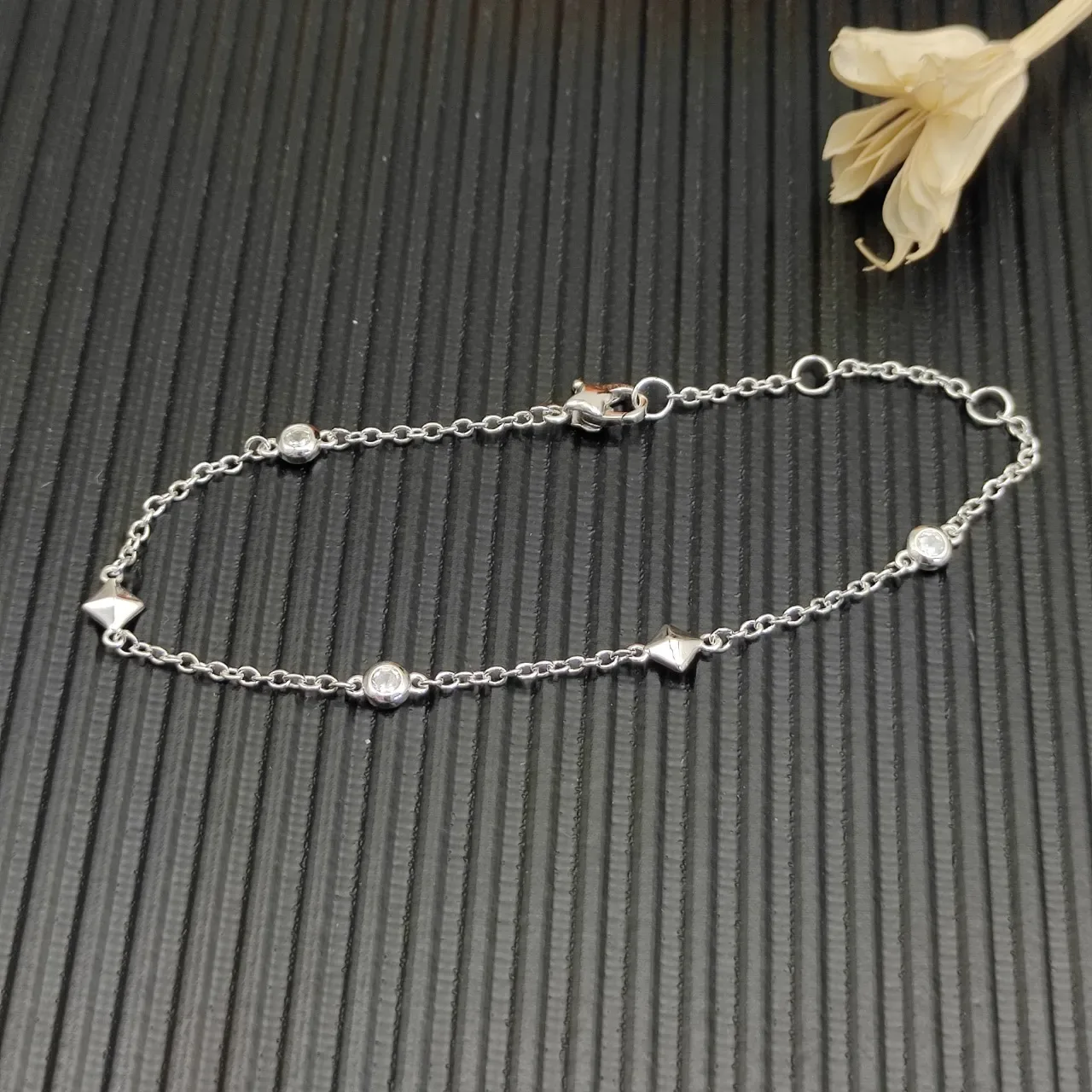 David Yurman Silver Fine Chain Bezel-Set Round Stones Bracelet 4