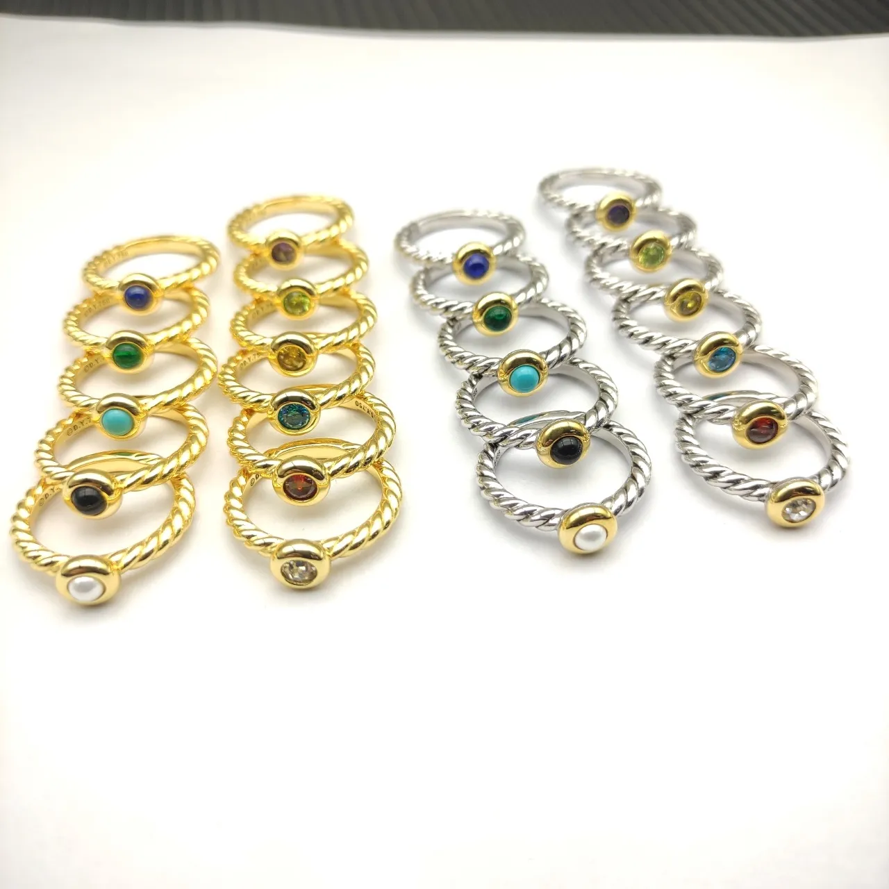 David Yurman Silver Gold Twisted Cable Band Single Bezel-Set Yellow Gemstone Ring 2