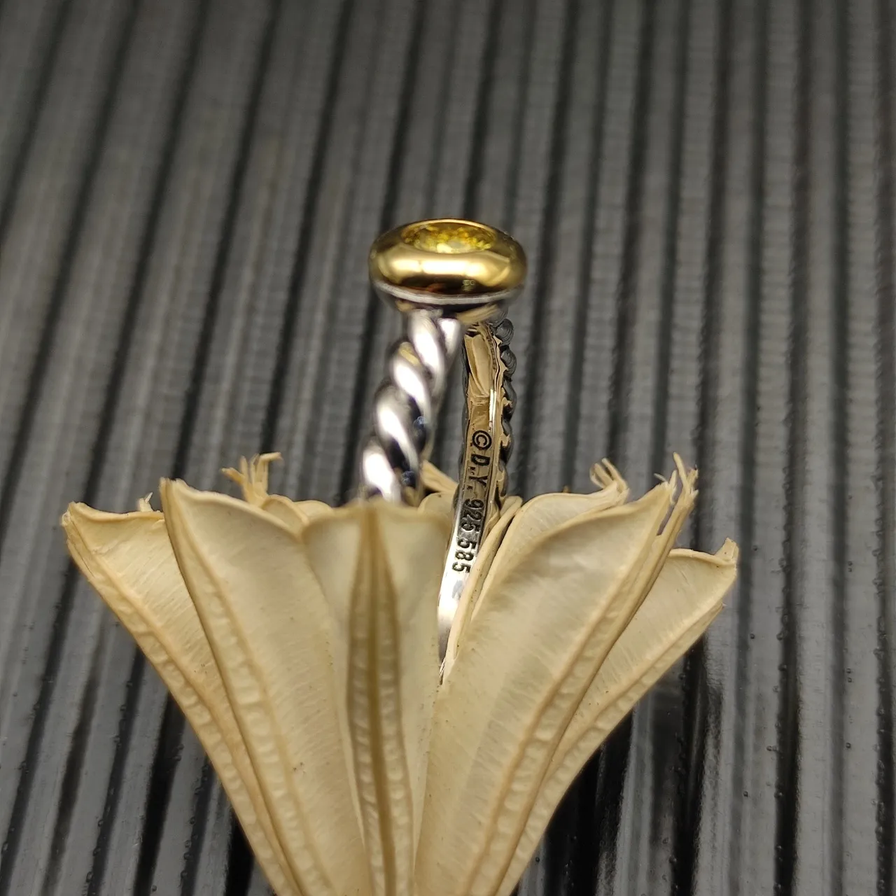 David Yurman Silver Gold Twisted Cable Band Single Bezel-Set Yellow Gemstone Ring 4