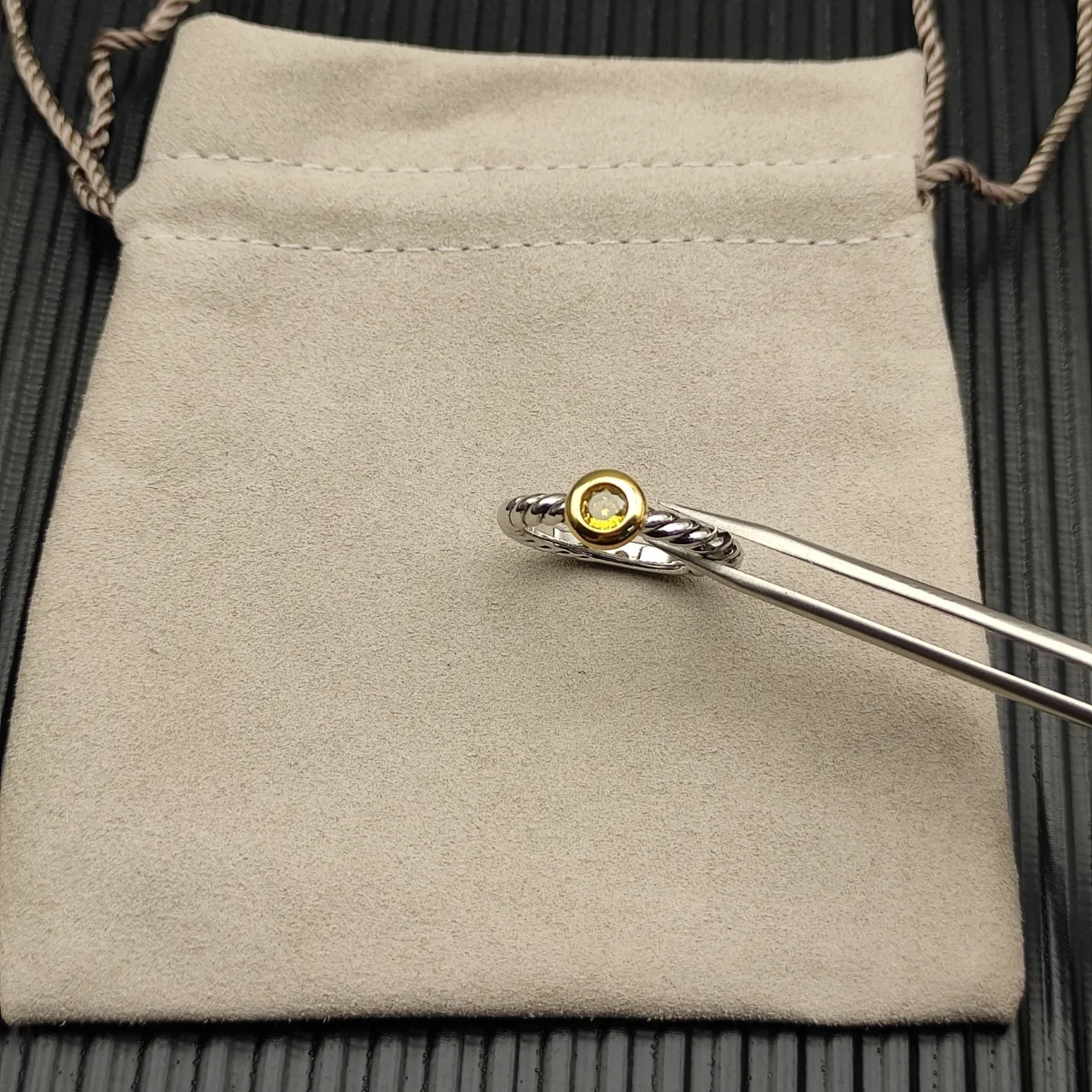 David Yurman Silver Gold Twisted Cable Band Single Bezel-Set Yellow Gemstone Ring 6