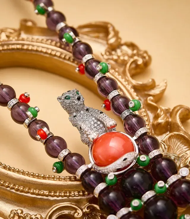 Deep Purple and Coral Beaded Tassel Pendant Necklace 2