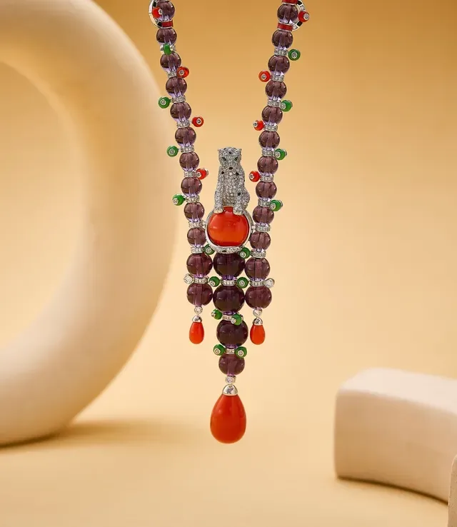 Deep Purple and Coral Beaded Tassel Pendant Necklace 3