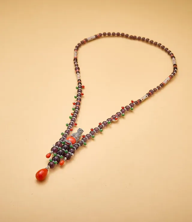 Deep Purple and Coral Beaded Tassel Pendant Necklace 4