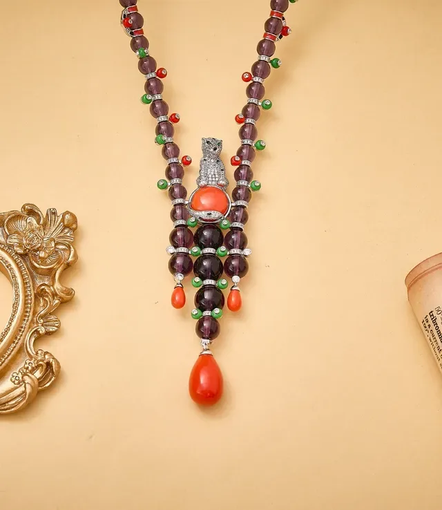 Deep Purple and Coral Beaded Tassel Pendant Necklace 5