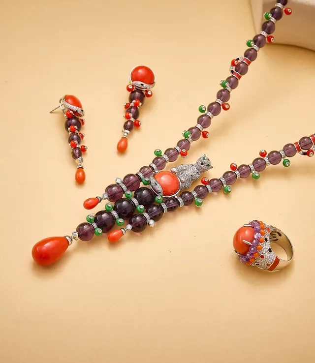 Deep Purple and Coral Beaded Tassel Pendant Necklace 6
