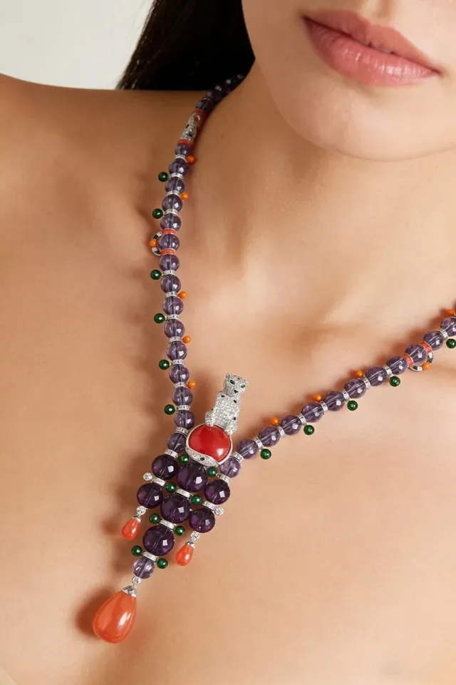 Deep Purple and Coral Beaded Tassel Pendant Necklace 8